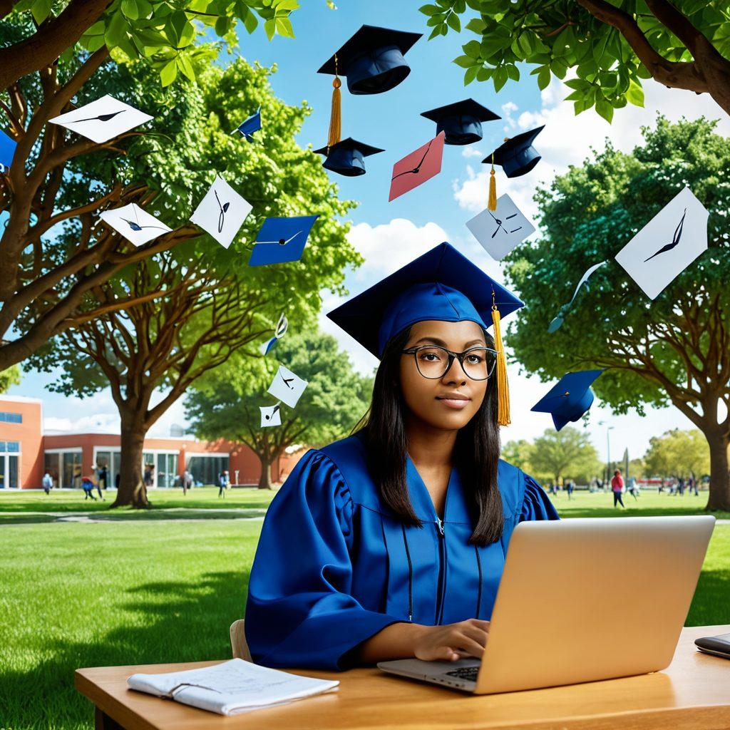 A graduate student exploring various financial resources in a university setting, with icons of scholarships, loans, and support services floating around. The student is depicted with a thoughtful expression, holding a laptop, while surrounded by lush greenery of a campus, symbolizing growth. Include a vibrant, welcoming atmosphere with diverse students collaborating in the background. super-realistic. vibrant colors. 3D.