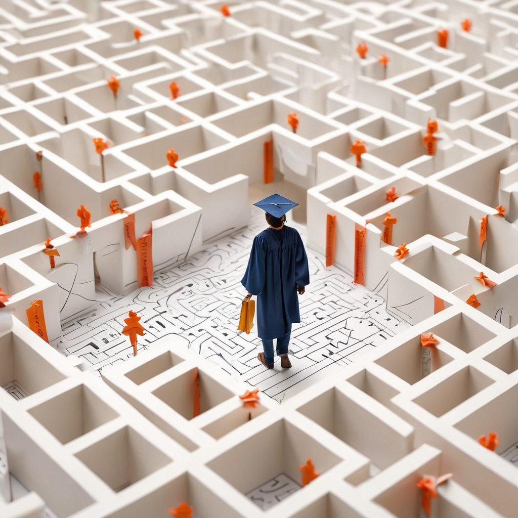 A visually engaging illustration featuring a graduate student joyfully navigating a maze made of insurance policy documents, with pathways leading to various symbols of scholarships and student loans, such as dollar signs and graduation caps. Surround the student with vibrant colors and warm lighting to convey a sense of optimism and empowerment. Include elements like a compass and a map to symbolize guidance. super-realistic. vibrant colors. white background.