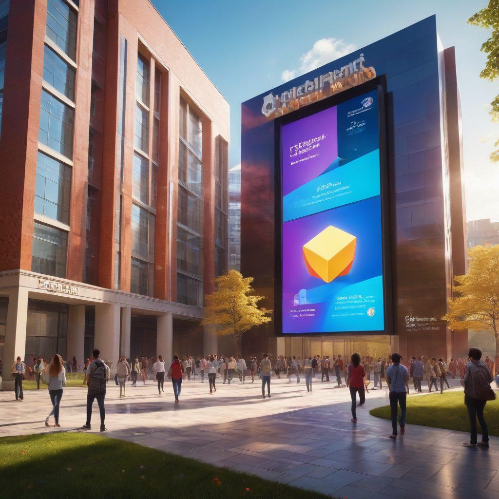 A dynamic landscape depicting a diverse group of students joyfully examining various scholarship and loan options through digital screens, surrounded by symbols of insurance services like policy documents and calculators. The background features a bright university campus with buildings representing knowledge and growth. An uplifting atmosphere infused with vibrant colors radiating hope and opportunity. super-realistic. vibrant colors. 3D.